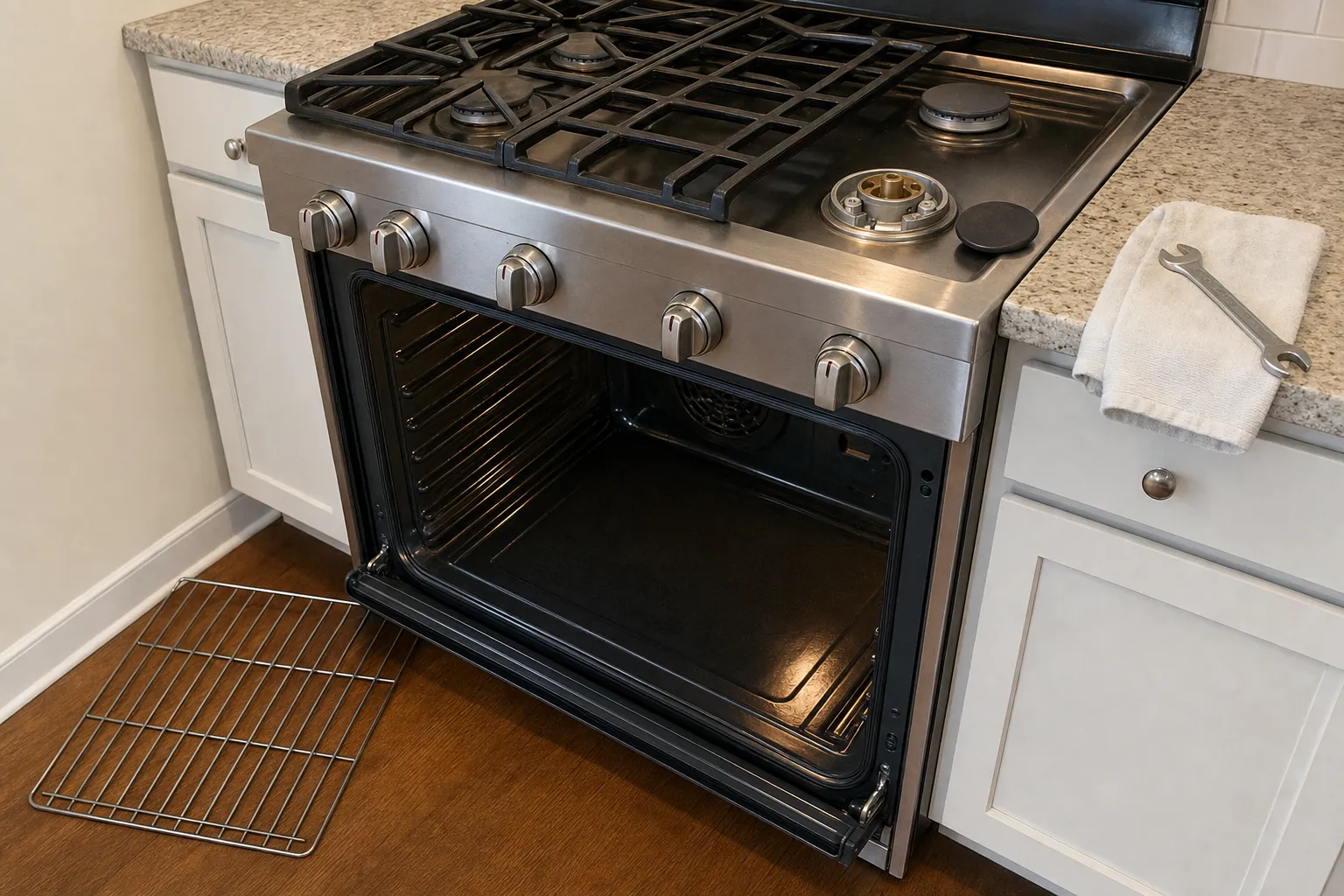 A stainless gas range with the oven door open and one rack removed, ready for an oven diagnostic