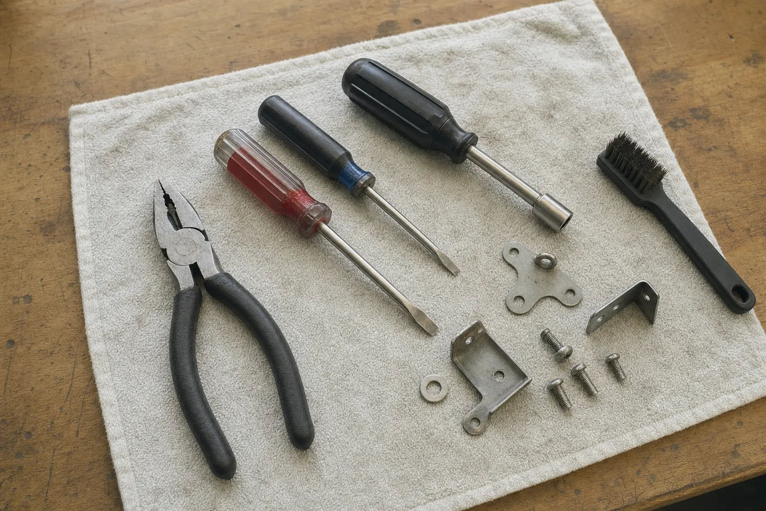 A technician’s screwdrivers, pliers and small fixings set out on a workshop bench