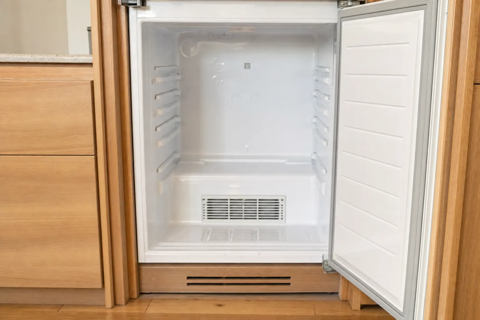 Undercounter refrigerator fitted into light oak cabinetry with its door open on an empty compartment, shelf supports on both walls, a vent low on the back wall and a slotted toe-kick grille